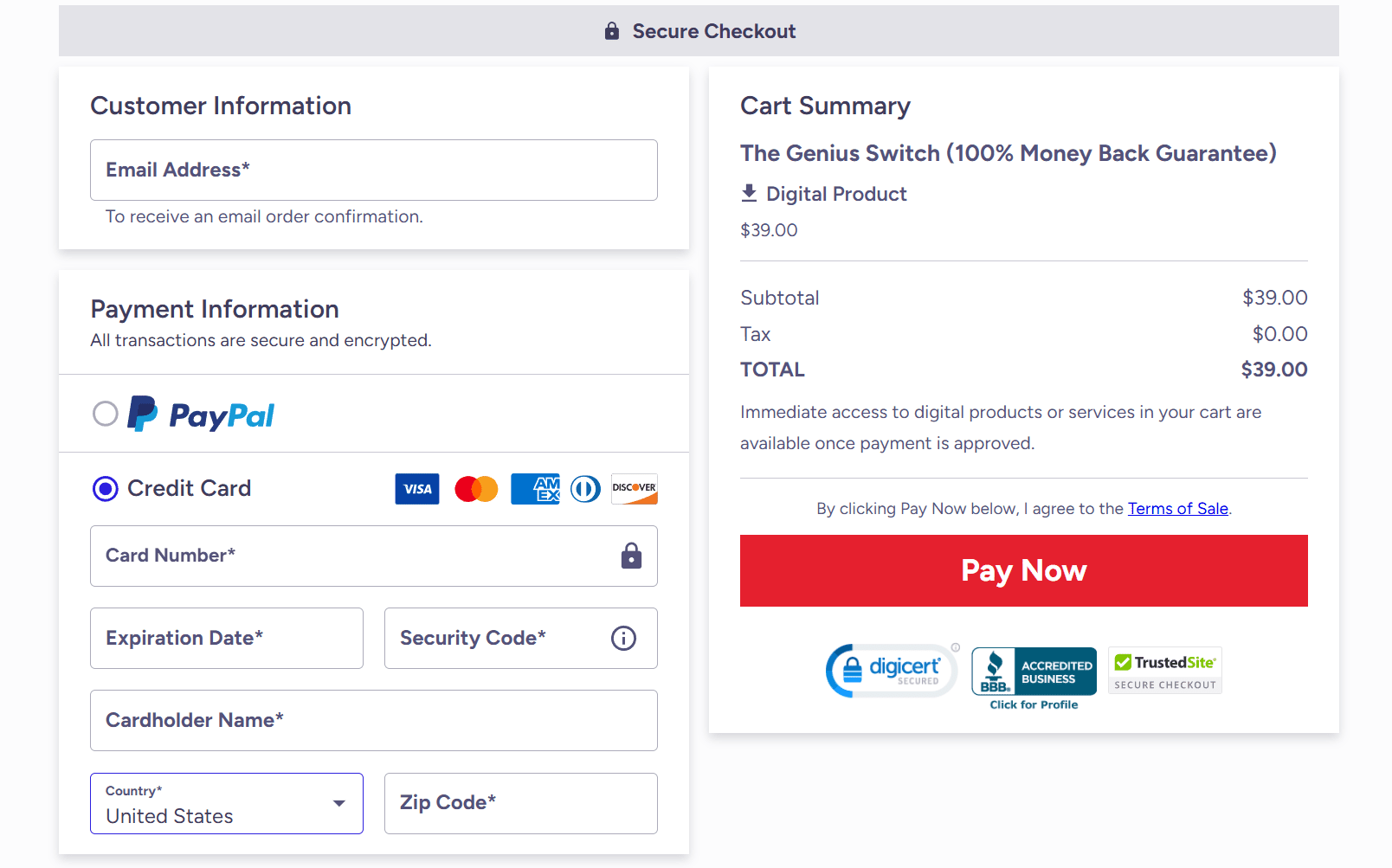 Secure checkout page for The Genius Switch digital product showing payment options via PayPal and credit card for $39