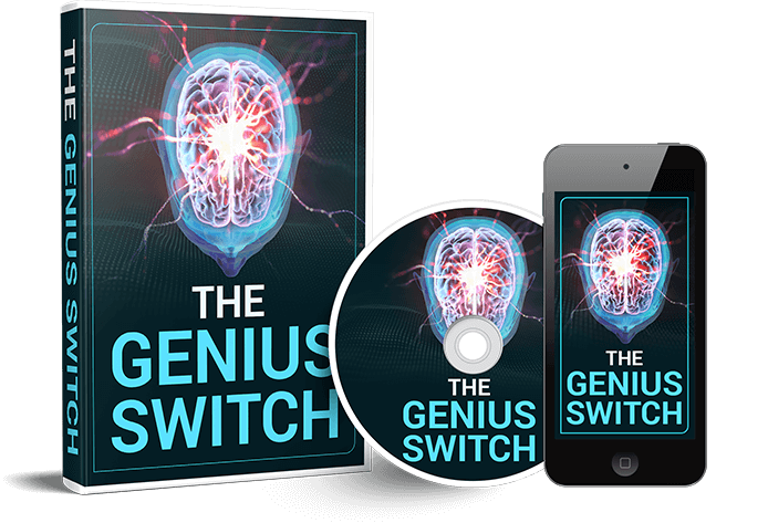 The Genius Switch brain activation program cover showing digital brain with electric impulses on book, CD, and mobile display